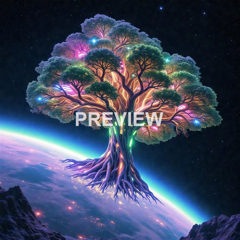 A fantastical, glowing tree floating above the Earth's surface with vibrant, multicolored lights illuminating its branches and roots against a starry night sky.